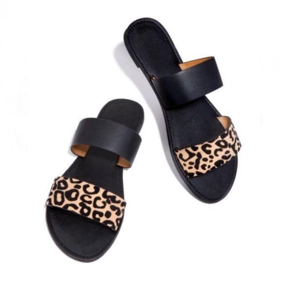 Shoes - Double Strap Sandals in Black / Leopard